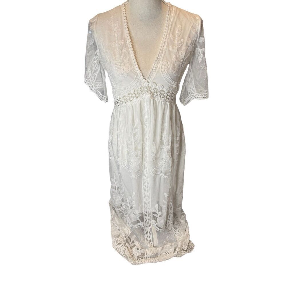 Eletwe White lace floor length fairy whimsical V-neck NWT! Cottage Core coquette